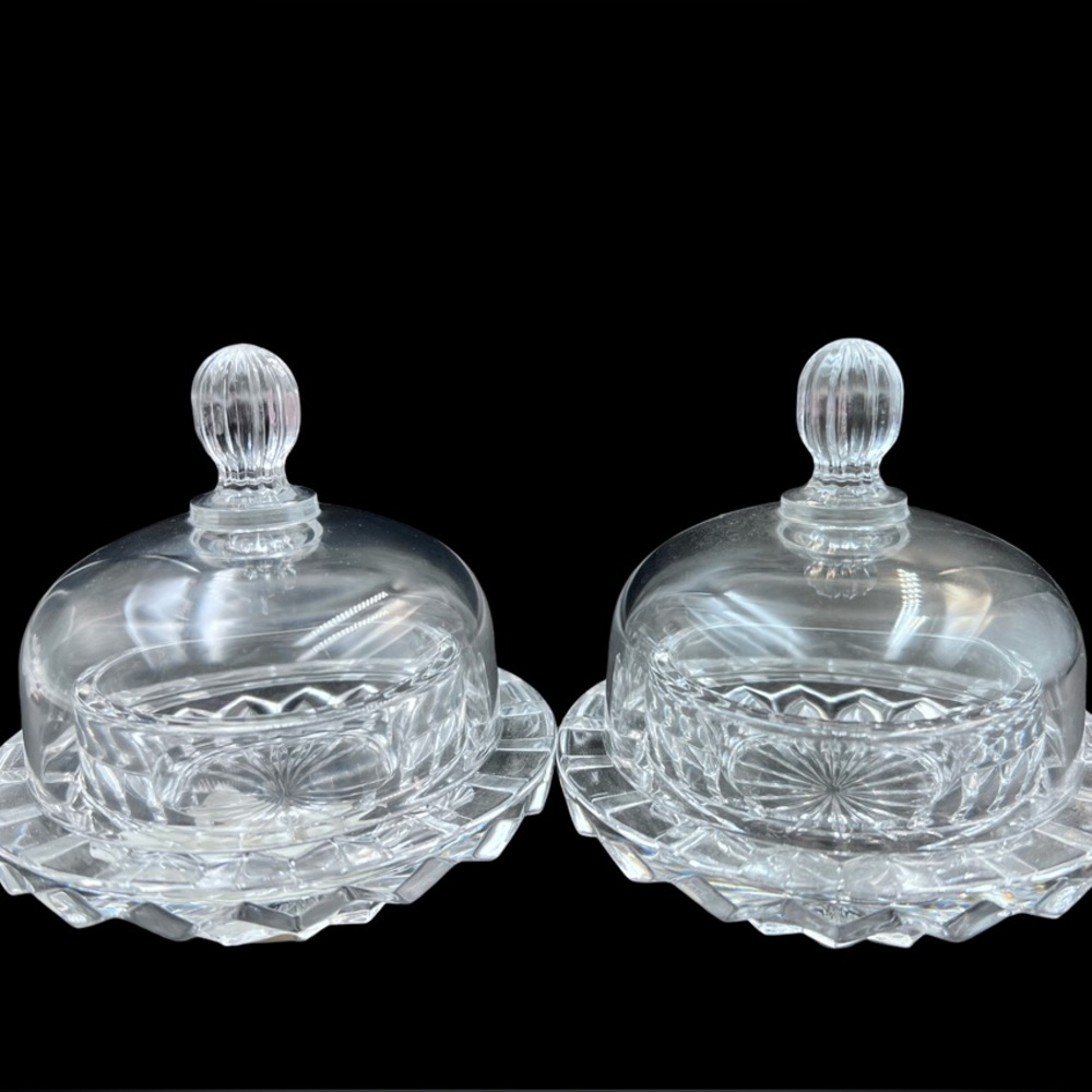 2 Mikasa Salina Crystal Glass Covered Butter Condiment Jelly Dishes Japan